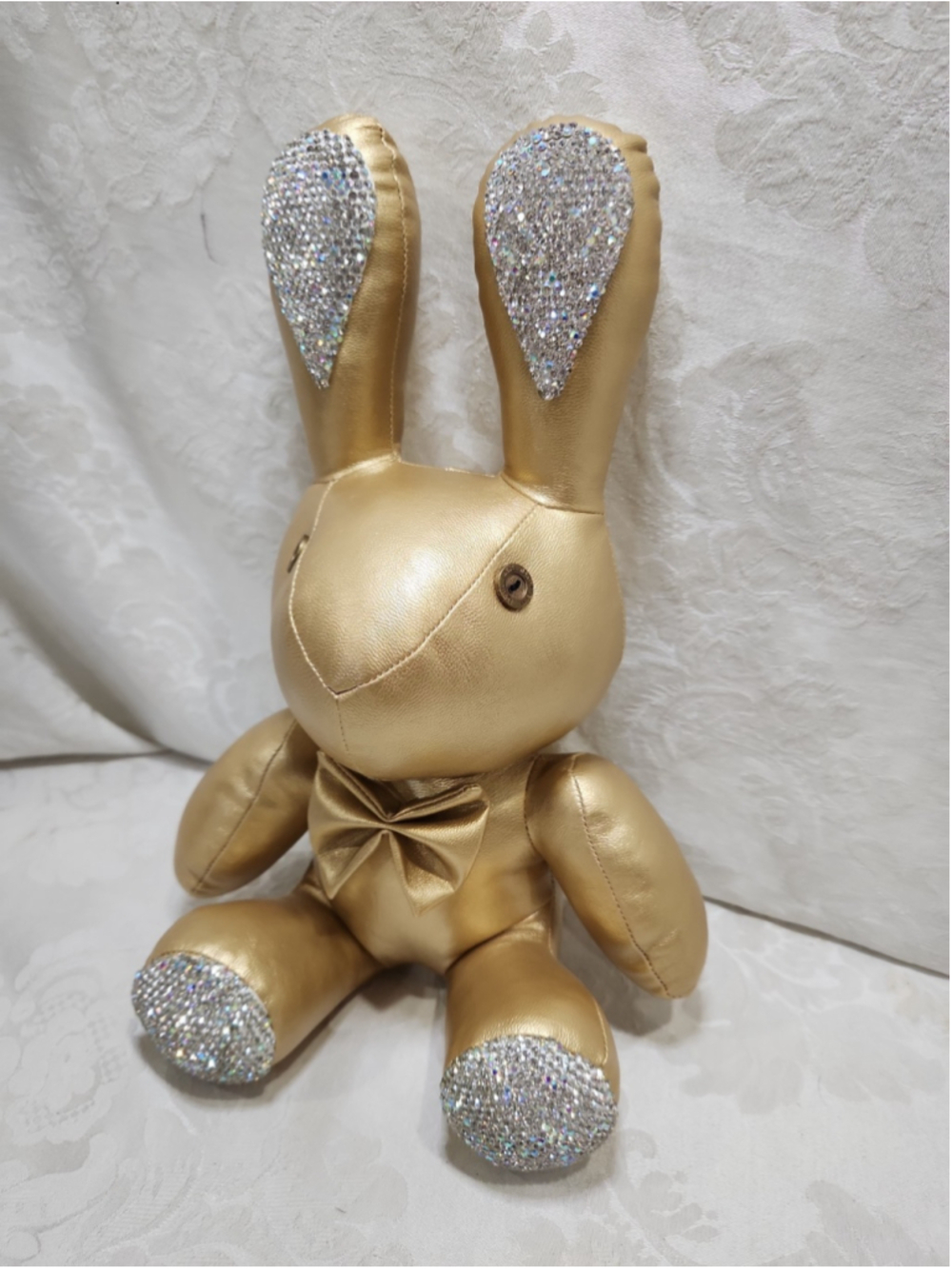 Rare JIIMO Gold Vegan Leather Bunny Figurine w/ Rhinestones & Button Eyes